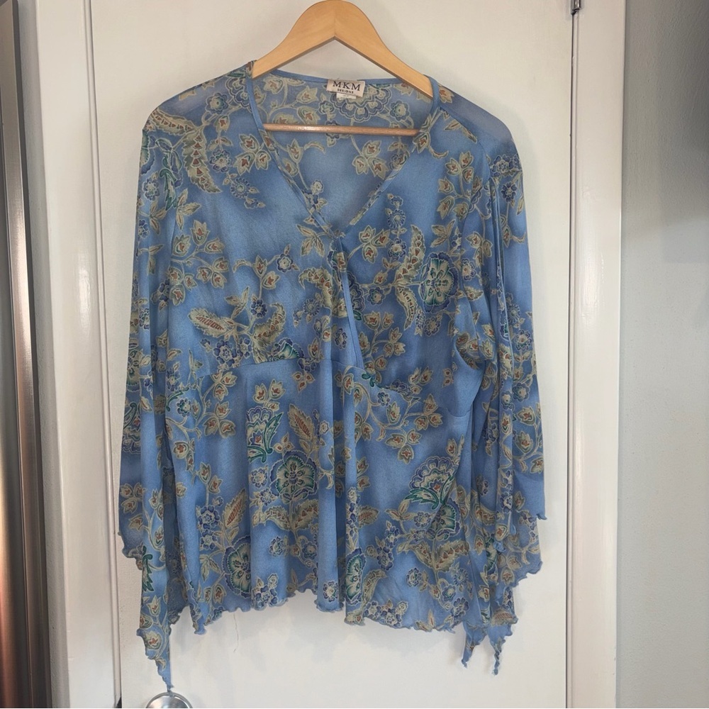 MKM Designs Vintage Y2K Fairycore Blouse. Blue Floral. Size: 2X.